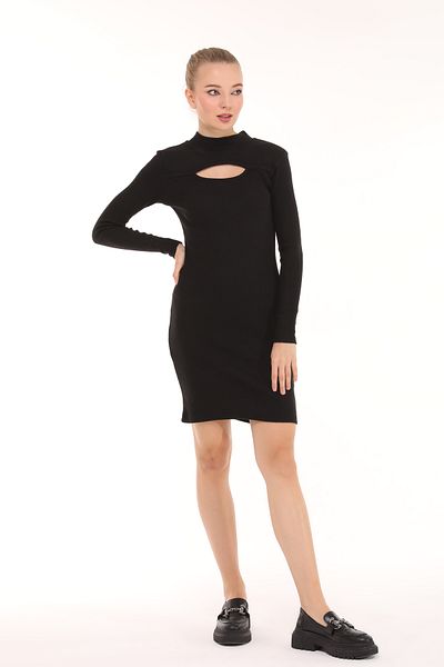 mor butik black cut out detailed body-fitting mini stand collar twill stretchy knitted dress gry01001
