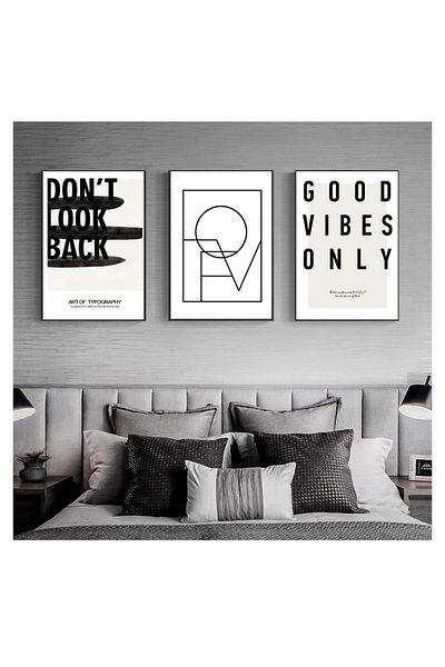 Linacci Set de 3 tablouri din sticlă din metal alb cu motto inspirat cu cadru negru