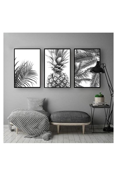 Linacci Set de 3 piese de masă modernă din sticlă din metal negru cu frunze de ananas