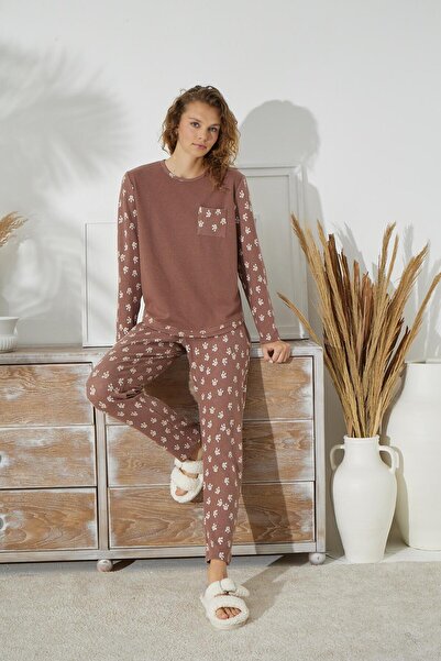 Sevim Дамски комплект пижама с дълъг ръкав, жакардов, дебел, кафе цвят C1T5N1O95