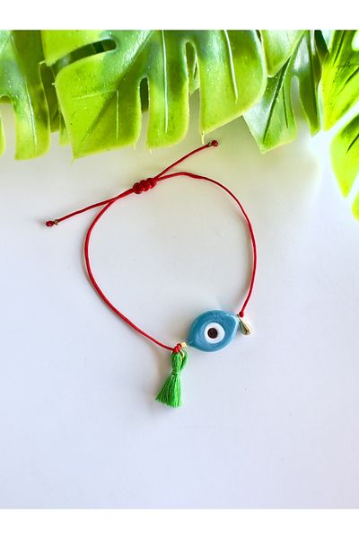 Atelier Çağla Blue Glass Eye Evil Eye Bead Green Tassel Red Bracelet