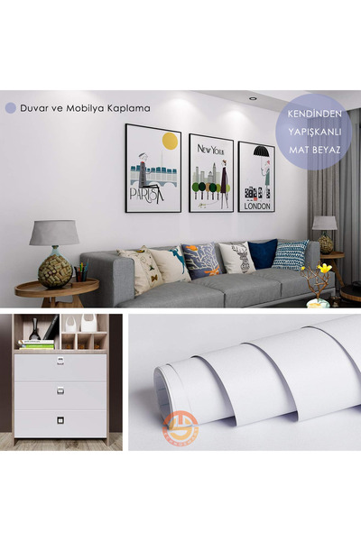 TechnoSmart 60cm×100cm Kendinden Yapışkanlı Mat Beyaz Duvar Kağıdı Mutfak Dolap Masa Kaplama