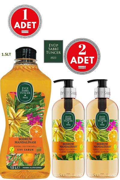 Eyüp Sabri Tuncer Bodrum Tangerine Natural Olive Oil Liquid Soap 2 PCS 500 ml + 1.5 LT 1 PCS