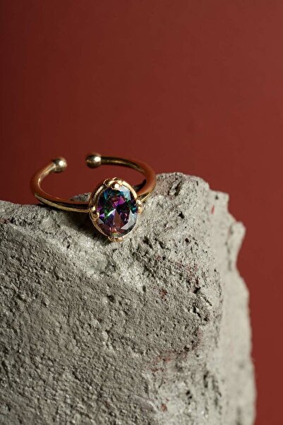 Takıdepo Mistik Topaz Taşlı Minimal Gümüş Ayarlanabilir Kadın Yüzük-altın Rengi