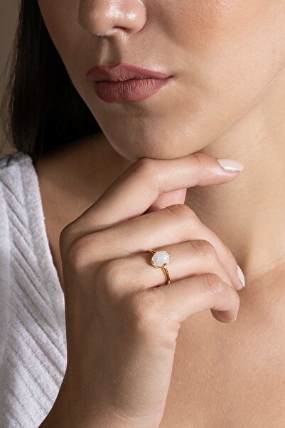 Takıdepo Doğal Ay Taşı Taşlı Minimal Gümüş Ayarlanabilir Kadın Yüzük-altın Rengi