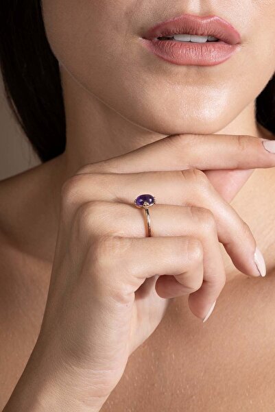 Takıdepo Doğal Ametist Taşlı Minimal Gümüş Ayarlanabilir Kadın Yüzük-rose Rengi