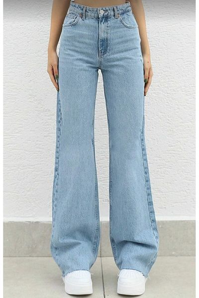 MAKRAS EXCLUSIVE Blugi de damă Buggy Blue Lycra - Pantaloni Palazzo largi, spălați în zăpadă
