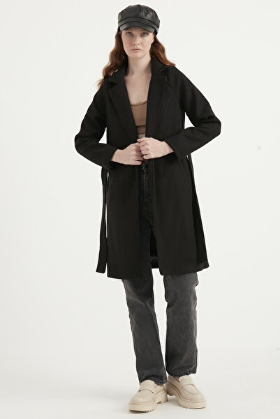 MEECY Women's Black Belted Cashew Coat