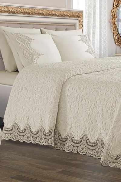 Bursa Tekstil Beige French Laced Double Blanket Set - Dowry Box