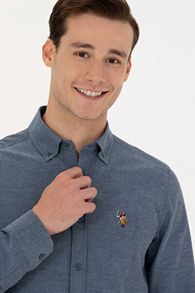 U.S. Polo Assn. ΒΑΣΗ. POLO ASSN. ΑΝΔΡΙΚΟ ΠΛΕΜΑ ΧΕΙΜΕΡΙΝΑ ΜΠΛΕ ΠΟΥΚΑΜΙΣΟ SLIM FIT