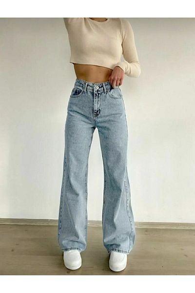 MAKRAS EXCLUSIVE Blugi Femei Blue Snow Wash Talie înaltă Confort Lycra Picior largi Denim Palazzo Jeans Pantaloni Blugi