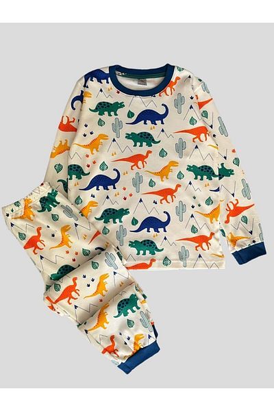 elmas kids Boy's Colorful Dinosaur Patterned 100% Cotton Pajama Set