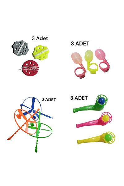 Muçis Nostalji Eğitici Oyuncaklar - 3'er Adet Ufo daire, üflemeli top, ipli Fırfır, Su Yüzüğü Nostalj
