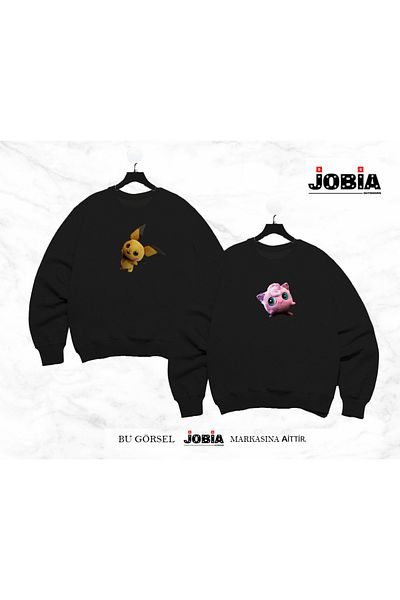 Jobia Outdoors Pikachu Jigglypuff Printed Lover Couple Φούτερ με λαιμόκοψη με 3 νήματα, σετ 2 τεμαχίων