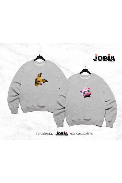 Jobia Outdoors Pikachu Jigglypuff Printed Lover Couple Φούτερ με λαιμόκοψη με 3 νήματα, σετ 2 τεμαχίων