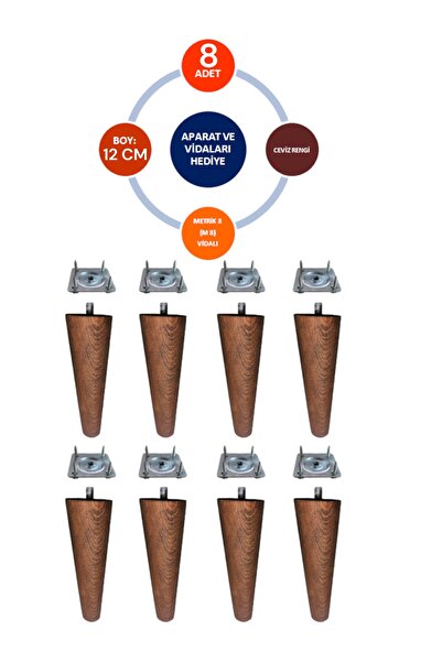 Veranın Dünyası 8'li Ceviz Renk 12 cm Ahşap Konik Ayak Koltuk Ayağı-Baza-Tv Ü...