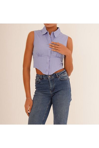 alenmoda Cămașă de damă, albastru deschis, fără mâneci, cu talie, cu corset elastic, din popelină, fără mâneci