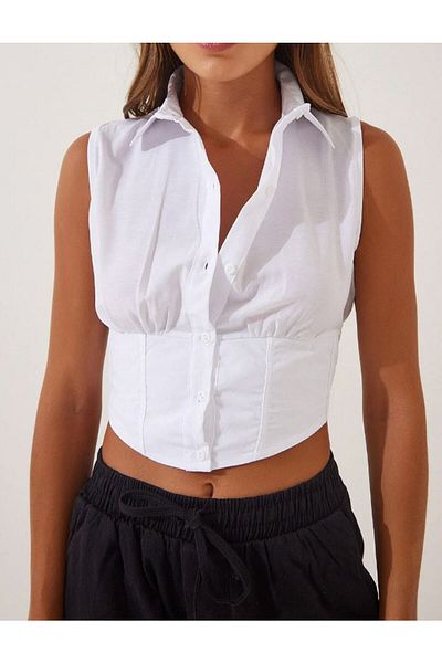 alenmoda Cămașă crop fără mâneci, albă, cu mâneci zero, cu talie elastică, corsetă, din popelină