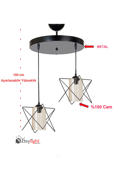 Etsylight Prizma Glass Lüx 2 Salon Avize, Cam Avize, Mutfak Avize, Antre Avize, Çocuk Odası Avize