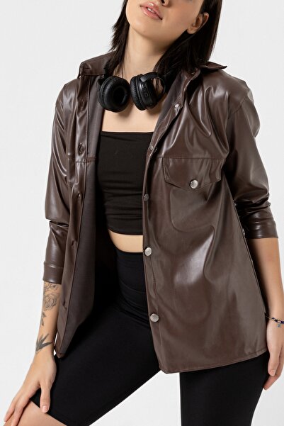 ubmbutik Kahverengi Uzun Basic Deri Gömlek