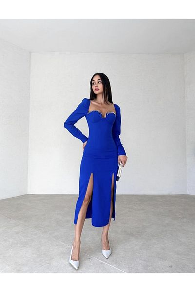Afiş Butik Rochie midi Saks Blue cu fante duble