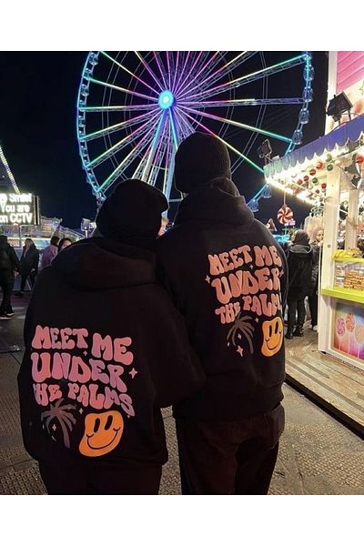 Mythologie Meet Me Lover Couple Combination - Μαύρη στάμπα Oversize φούτερ με κουκούλα