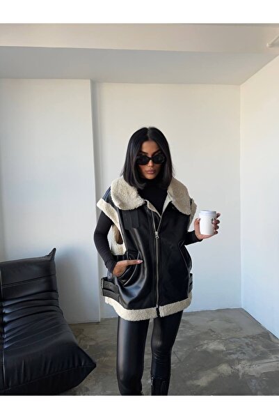 Ekim Store Biker Deri Uzun Peluş Ceket Yelek