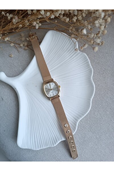 LA BOSS Vintage Minimal Hasır Kordonlu Rose Gold Kare Kadın Kol Saati