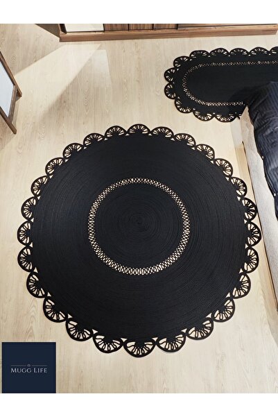 MUGG LİFE Python Siyah Jüt Hasır El Dokuma Hasır Yuvarlak Tasarım Modern Şık ...