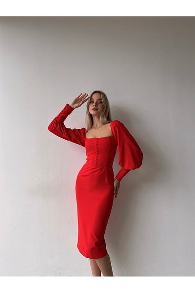 Afiş Butik Long Sleeve Pencil Dress with Red Buttons