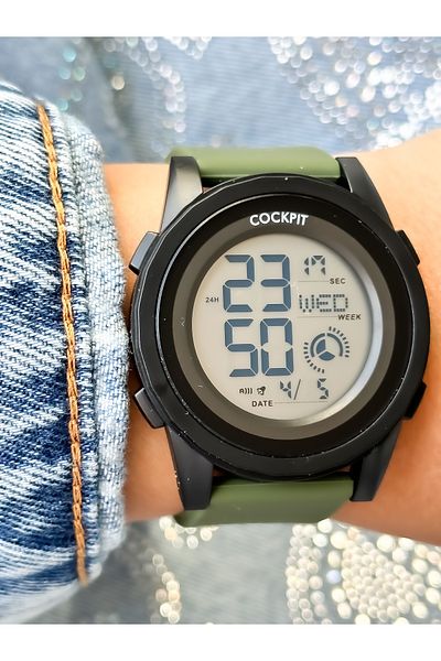 Cockpit Brand Water Resist, Alarm, Illuminated, Green Silicone Strap Sports Men's/Women's Wristwatch