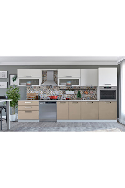 Kenyap Vegas 341 Ankastre HİGH GLOSS Mutfak Capucino&Beyaz 341 cm Tezgah Hariç