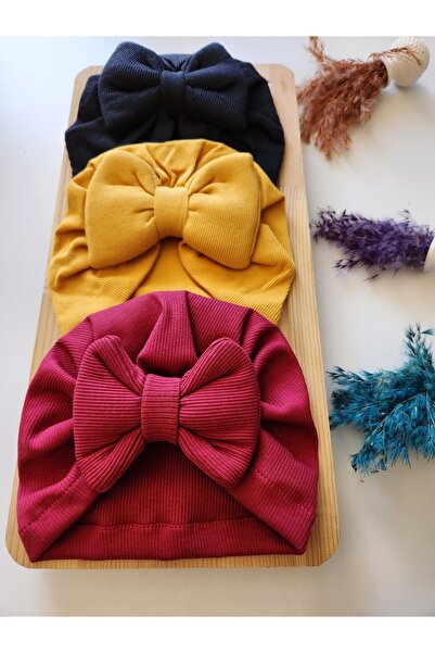 SeherBebeButik Kız Bebek & Çocuk Renkli Fiyonk Bone 3'Lü Set