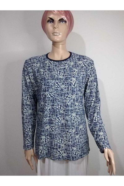 YAŞAR TRİKO Bluză tricou din bumbac pieptănat pentru femei, albastru bleumarin, cu mânecă lungă, cu fante laterale