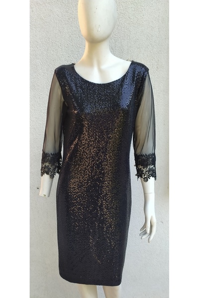 Hepsibitarz Kadın Siyah Pullu Dantelli Büyük Beden Abiye Elbise