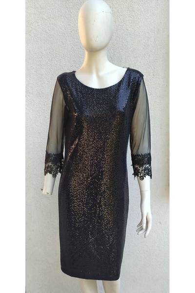 Hepsibitarz Kadın Siyah Pullu Dantelli Büyük Beden Abiye Elbise