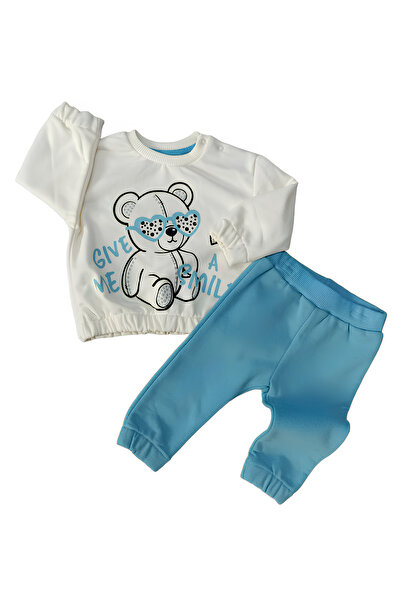 Miniworld Give Me Smile Unisex Bebek 2'li Takım-Ayıcık Baskılı Bel ve Kollarda Lastik Detaylı Sweat ,Pantolon