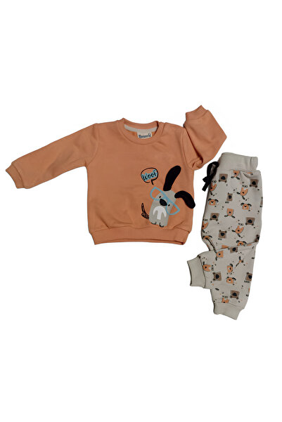 Miniworld Woof Erkek Bebek 2'li Takım- 2 İp Şardonsuz Sevimli Köpek Baskısı, Kulak Detaylı Sweat ve Pantolon