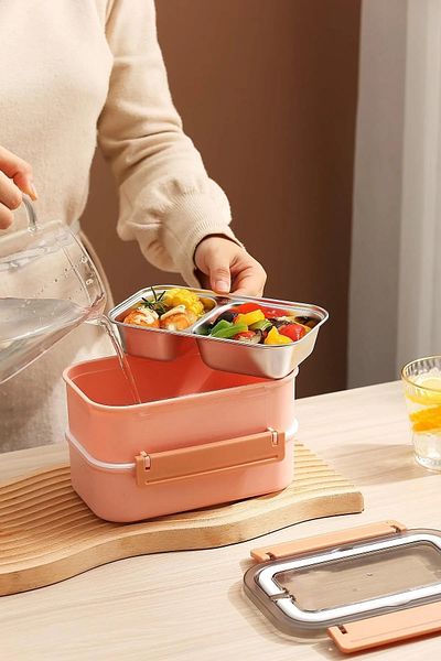 Vagonlife Bento Lunch Box For Office School New Generation Travel Pie Double Layer 3 Compartments Stainless Steel F494
