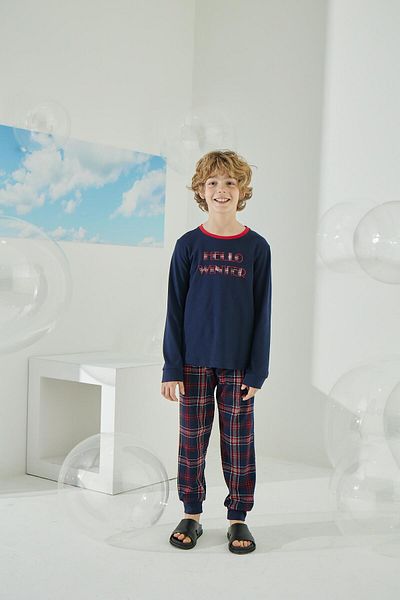 Sevim Men's Waiter Long Sleeve Navy Blue Pajamas Set C8T5N9O8