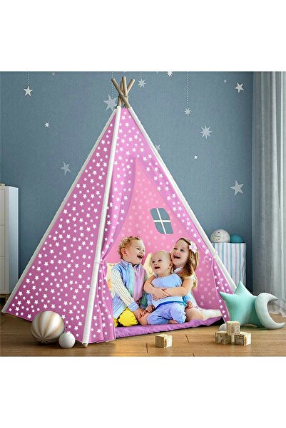 bebeğimister Pamuklu %100 Ahşap Çocuk Oyun Çadırı Evi Kızılderili Çadırı Devr...