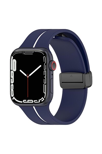 Microsonic Apple Watch Series 9 45mm Kordon Ribbon Line Lacivert Beyaz