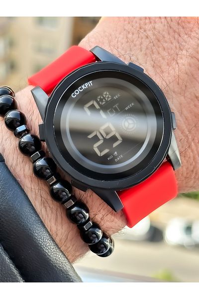 Cockpit Brand, Suitable for Marine Use, Illuminated, with Stopwatch, Red Digital Men's Wristwatch + Bracelet