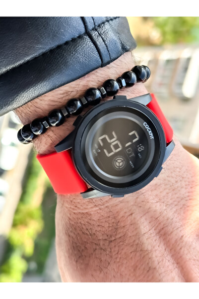 Cockpit Brand, Suitable for Marine Use, Illuminated, with Stopwatch, Red Digital Men's Wristwatch + Bracelet