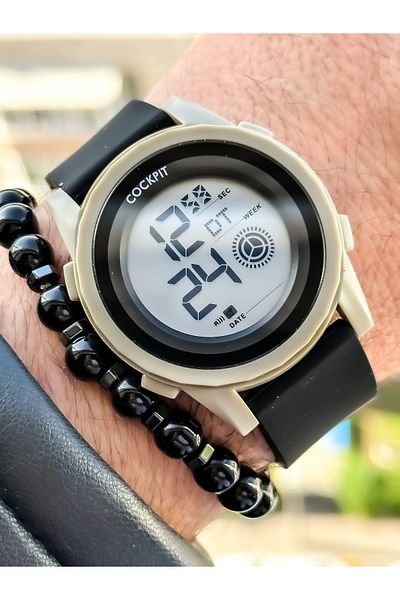 Cockpit Brand, Suitable for Marine Use, Illuminated, with Stopwatch, Black Digital Men's Wristwatch + Bracelet
