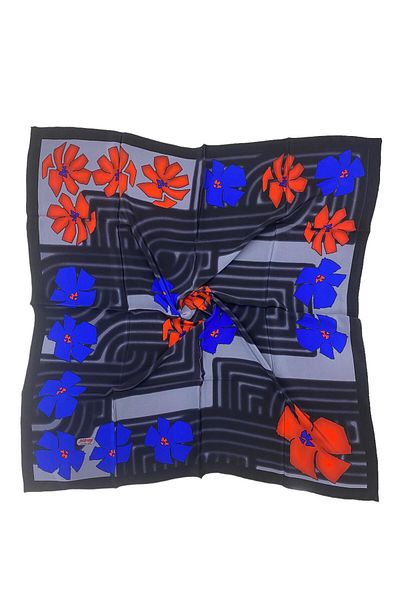 MİRAY EŞARP Miray 100% Pure Silk 100cm X 100cm Large Size Floral Black Scarf E-54