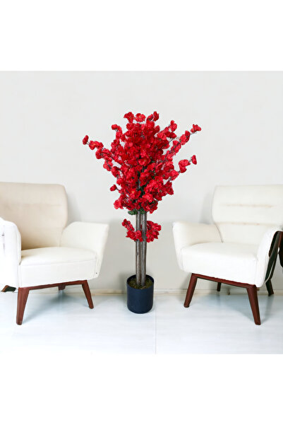 YAPAY ÇİÇEKÇİNİZ Siyah Saksıda Kırmızı Renkli Yapay Japon Bahardalı Ağacı 100 Cm