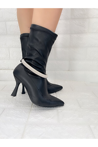 goodbye Capetown Siyah Deri Kristal Taşlı Streç Bootie