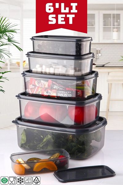 Open Home Concept Set of 6 Rectangular Anthracite Storage Containers 300 Ml-500 ml 800 ml 1200 ml 1900 ml 2900 ml