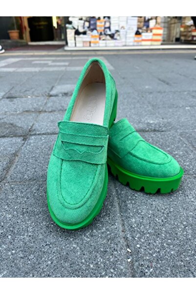 Afilli Зелені замшеві неонові товсті платформи з пухнастою підошвою, повсякденні оксфорди-лофери